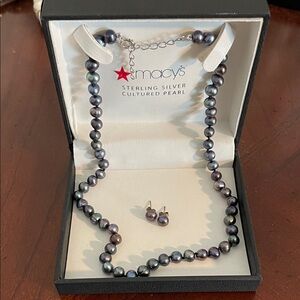 Macy's  Iridescent Black Cultured Pearl Necklace and Earring Set